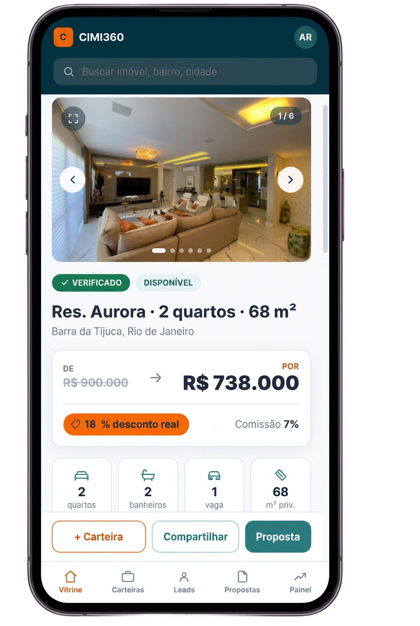 Interface do app CIMI360 mostrando a vitrine de imóveis com descontos verificados